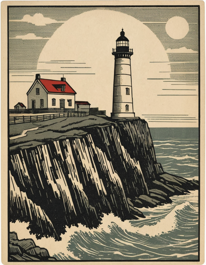 Vintage postcard design, woodcut print of a lighthouse on a cliff
