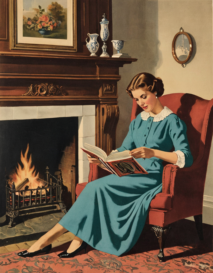 Vintage magazine cover, lithography of a woman reading by the fireplace