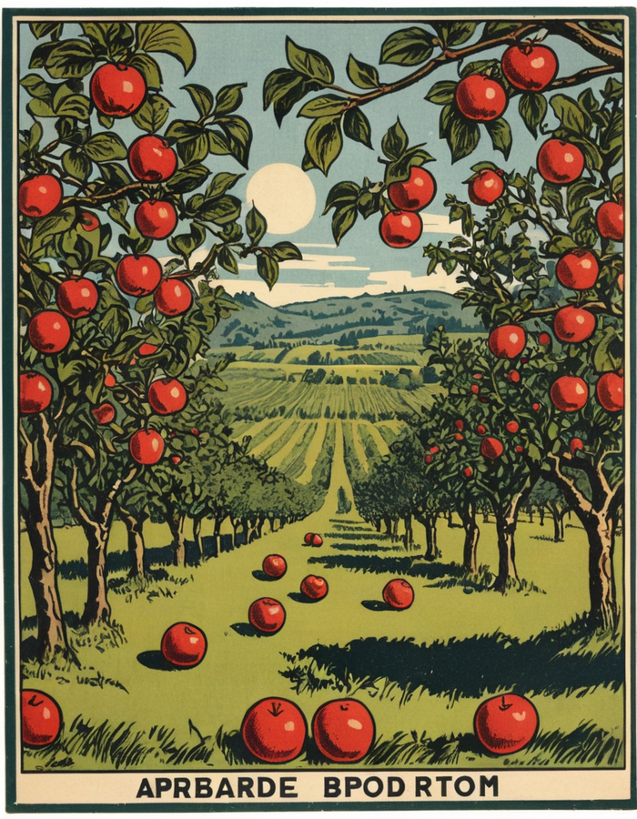 Vintage product label artwork, woodblock print of an apple orchard
