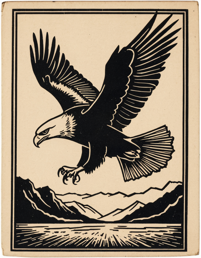 Vintage matchbox artwork, minimalistic woodcut of a soaring eagle.