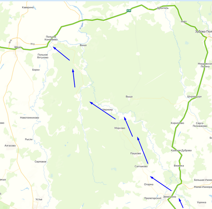 Стрелки примерные, поскольку названий деревень я тогда не запомнил, но это сути рассказа не меняет.