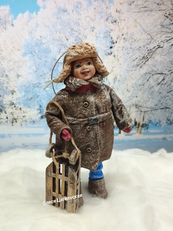 Boy with a sled. Cotton wool toy for the Christmas tree - Christmas decorations, New Year, Story, Boy, Winter, Presents, Children, Parents and children, Toys, Nostalgia, Made in USSR, the USSR