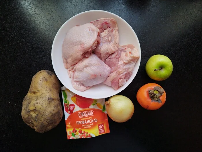 Porridge from an axe: chicken thighs with persimmon and apple. Food for 230 rubles - My, Recipe, Ax porridge, Cooking, Food, Dinner, Book Club, Roskomnadzor, Saving, Budgetary, Longpost