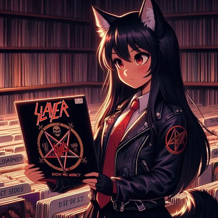 Rox Fox and the Fastest Music - My, Нейронные сети, Neural network art, Art, Girls, Anime art, Anime, Original character, Kitsune, Animal ears, Tail, Rock, Metal, Slayer, Ginger & White, Longpost