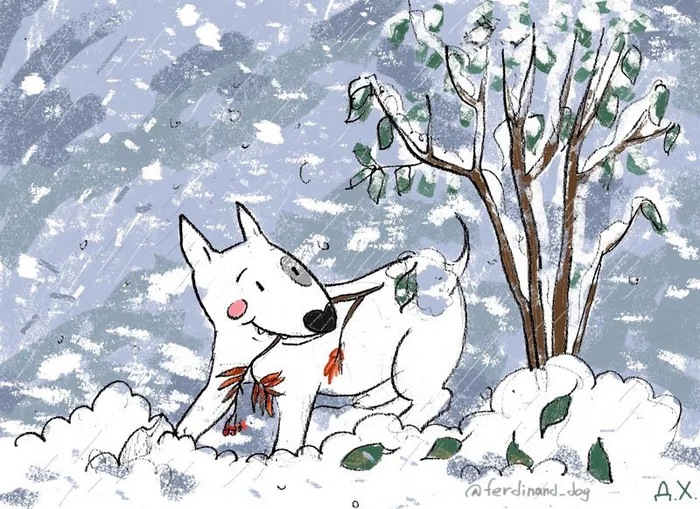 Snowfall... - My, Illustrations, Dog, Bull terrier, Snow, Blizzard