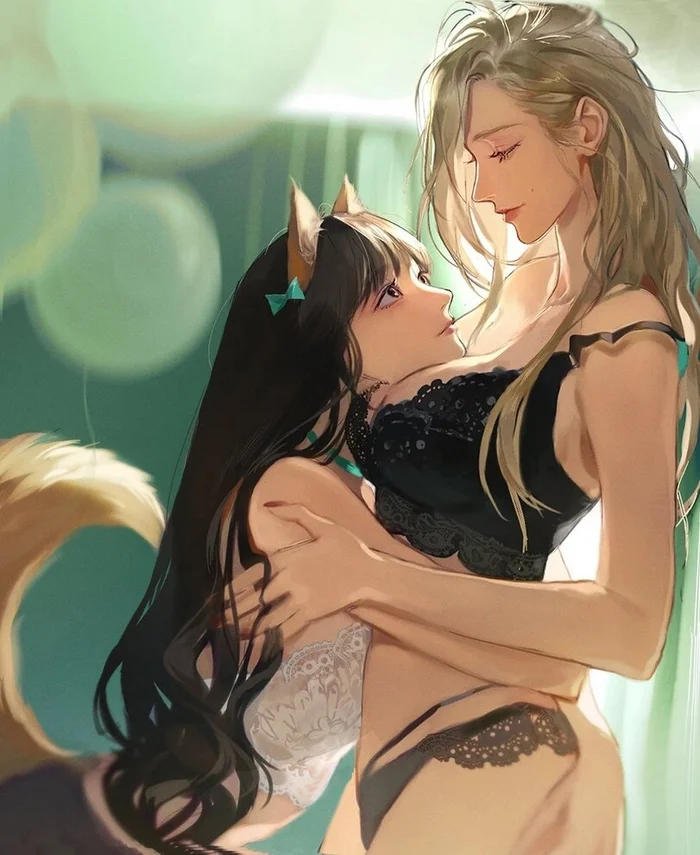 Stroke me - Anime, Anime art, Animal ears, Hand-drawn erotica, Yuri, Friend, Underwear, Hugs