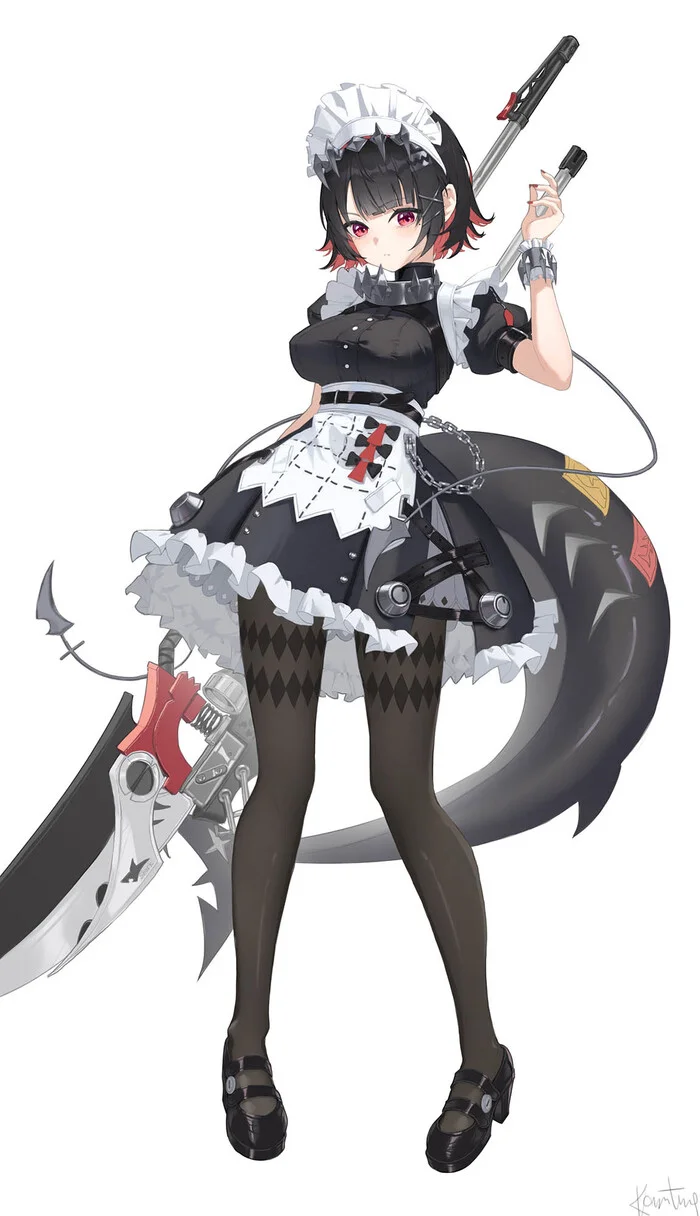 Ellen Joe №011 - Anime, Anime art, Zenless Zone Zero, Ellen Joe (zzz), Girls, Shoes, White background, The dress, Tail, Tights, Weapon, Housemaid, Belt