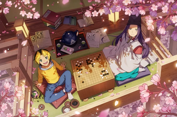 Playing under the cherry blossoms - Anime, Anime art, Hikaru No GO, Go game, Sakura, Fujiwara No SAI, Shindou Hikaru