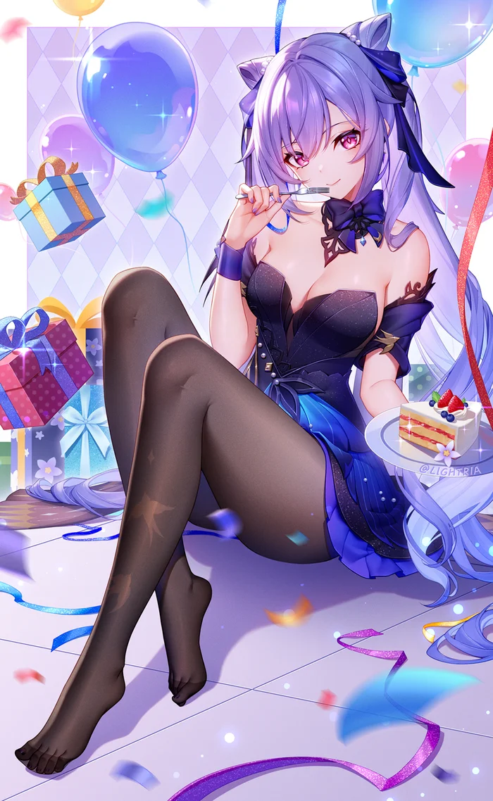 Keqing #005 - Anime, Anime art, Genshin impact, Keqing (Genshin Impact), Girls, The dress, Tights, Ball, On the floor, Fork, Cake, Smile, The bow tie, Neckline