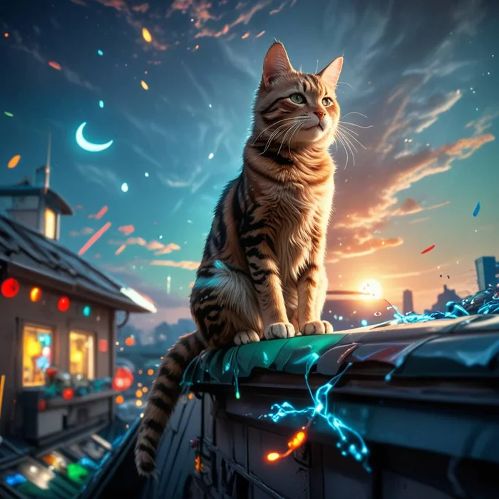 Evening Vibe - Neural network art, cat, Evening, City from the roof, Sunset, Vibe, Longpost