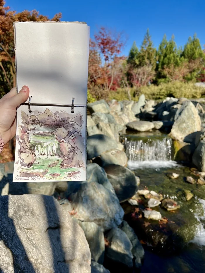 Japanese Garden - My, Watercolor, Drawing, Etude, Landscape, Sketchbook, Traditional art, Liner, Plein air, Sketch, Longpost