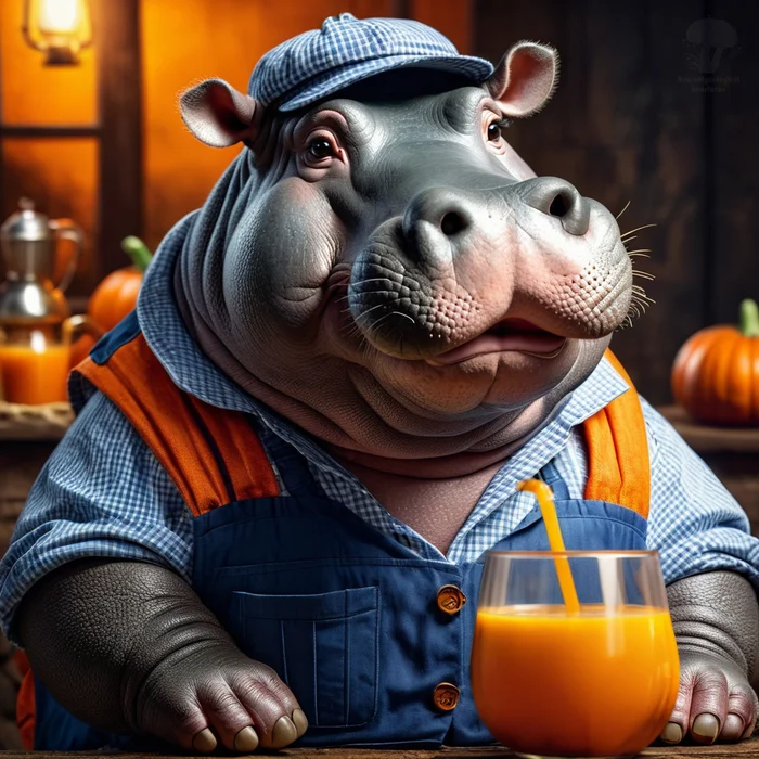 Happy Pumpkin Juice Day! - My, Neural network art, Chatgpt, Stable diffusion, 2D, Art, hippopotamus, Pumpkin, Juice, Postcard, Absurd