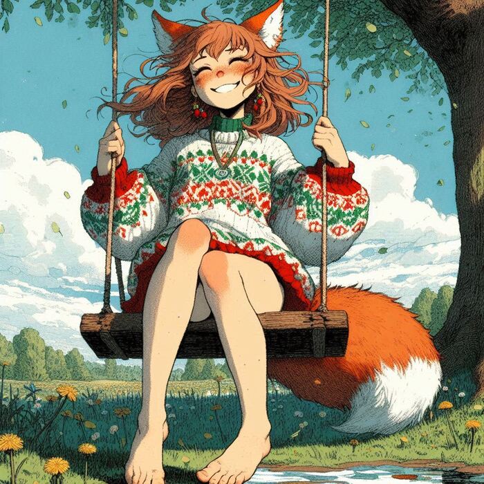 Tail swing - My, Neural network art, Нейронные сети, Art, Ginger & White, Girls, Anime, Anime art, Kitsune, Animal ears, Tail, Redheads, Freckles, Swing, Seasons, Longpost