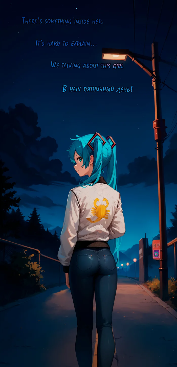 Friday Miku #16: Friday is calling! - My, Hatsune Miku, Friday Miku, Drive, Jacket, Scorpions, Back view, Night, Portrait, Anime art, Neural network art, Stable diffusion, Digital drawing, Girls, Referral, Colorful hair, Phone wallpaper, Road, Sight, Jeans