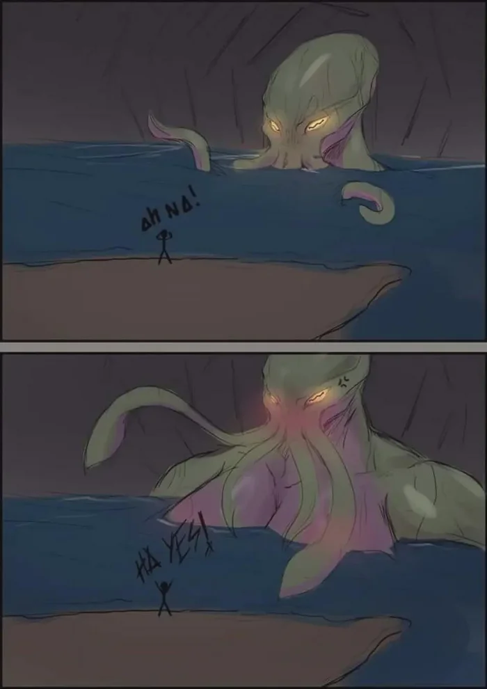 Oh no! - Anime, Anime art, Anime memes, Cthulhu, Monster girl, Boobs, Tentacles