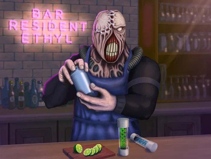 Bar Abode of Ethyl - My, Art, Resident evil, Nemesis, Bartender, Game art, Digital drawing