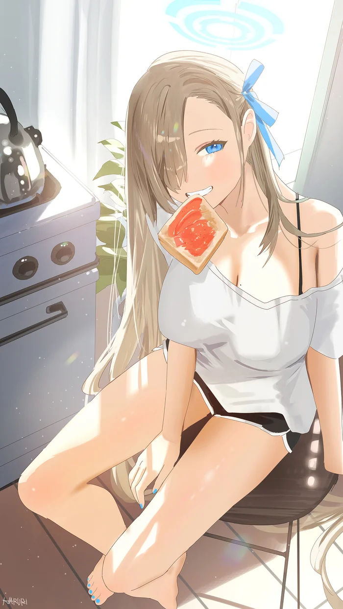 Ichinose Asuna #005 - Anime, Anime art, Blue archive, Ichinose asuna, Girls, Kitchen, Kettle, Shorts, Blue eyes, Nimbus, Bread, Sitting