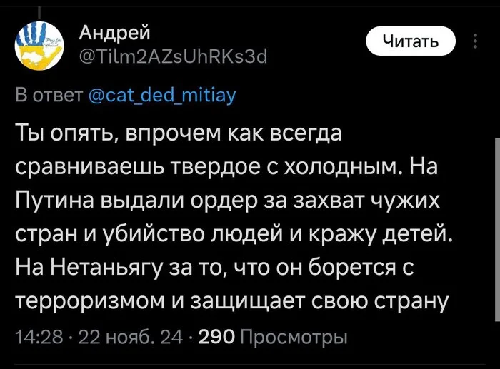 Вы не понимаете, это другое! - Политика, Владимир Путин, Биньямин Нетаньяху, Скриншот, Twitter, Россия, Израиль, Международный уголовный суд