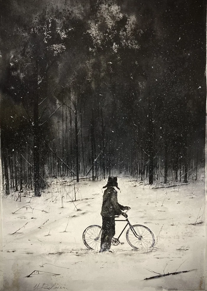 Paper/Watercolor.76x56 cm - My, Painting, Exhibition, A bike, Cyclist, Winter, Snow, Forest, Pine, Landscape, Art, Painting, Watercolor, Pinery