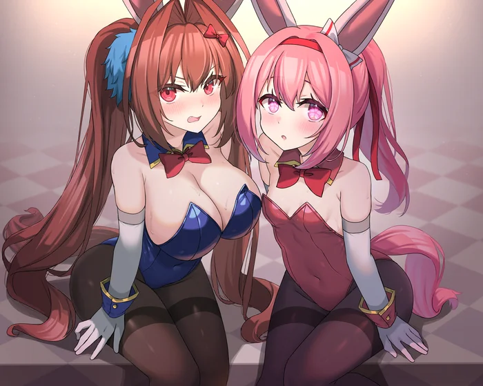 Daiwa Scarlet и  Haru Urara - Аниме, Anime Art, Uma Musume Pretty Derby, Daiwa Scarlet, Девушки, Bunnysuit, Animal Ears, Колготки, Декольте, Смущение, Длинные волосы, Сидят, Галстук-Бабочка, Haru Urara