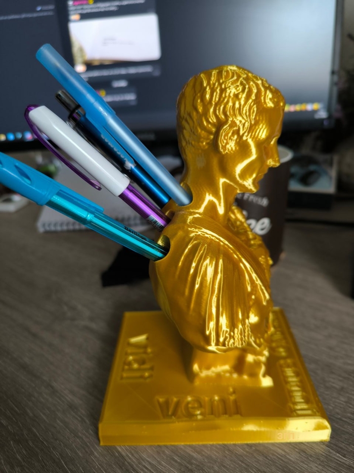 Девушка попросила мужа напечатать ей на 3D-принтере органайзер для ручек. Мужик не растерялся и напечатал ЦЕЗАРЯ, в спину которого вонзаются ручки.