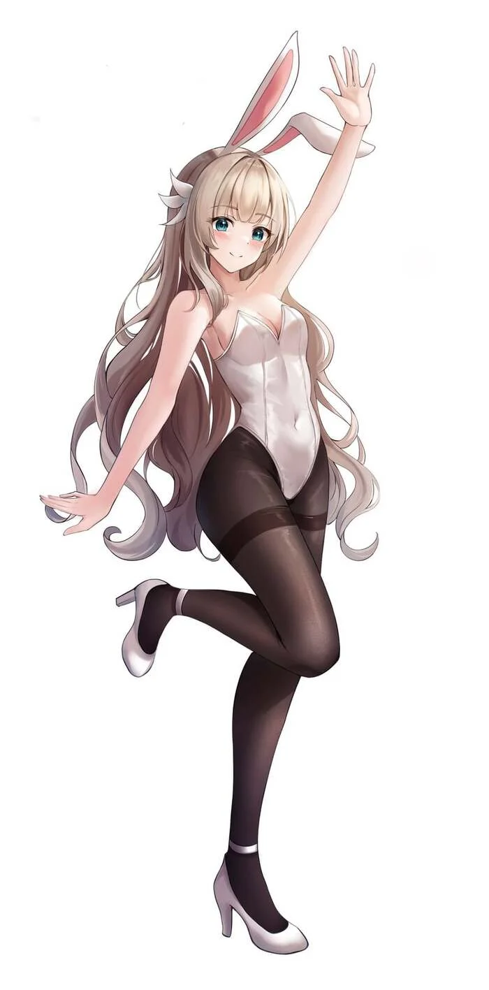 Original Character #004 - Anime, Anime art, Original character, Girls, Long hair, Bunnysuit, High heels, Blue eyes, Tights, Smile, Neckline, White background