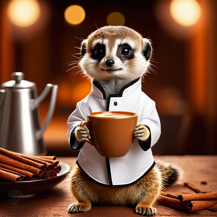 Happy Cinnamon Coffee Day! - My, Neural network art, Chatgpt, Stable diffusion, 2D, Art, Coffee, Cinnamon, Meerkat, Postcard, Absurd