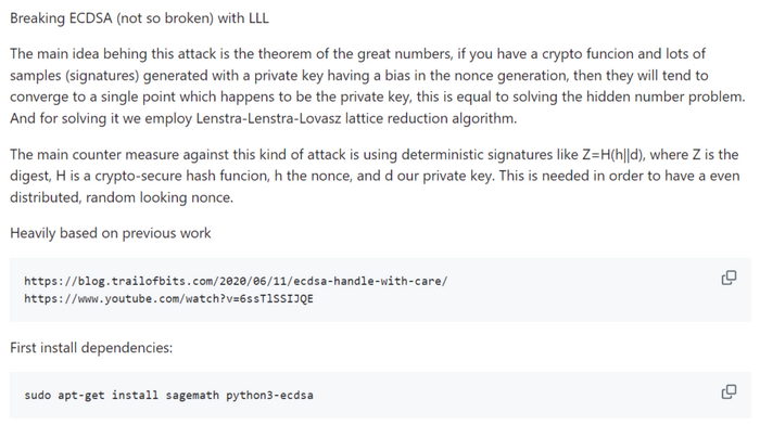 <a href="https://pikabu.ru/story/issledovanie_uyazvimosti_signature_malleability_i_komprometatsii_privatnogo_klyucha_v_podpisi_bitcoin_chast_2_12055386?u=https%3A%2F%2Fgithub.com%2Fdaedalus%2FBreakingECDSAwithLLL.git&t=Repositories&h=b707e4cf4590f87ff8039793397f468d6315f9ae" title="https://github.com/daedalus/BreakingECDSAwithLLL.git" target="_blank" rel="nofollow noopener">Repositories</a>
