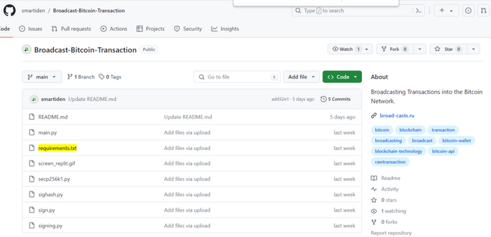 <a href="https://pikabu.ru/story/issledovanie_uyazvimosti_signature_malleability_i_komprometatsii_privatnogo_klyucha_v_podpisi_bitcoin_chast_3_12055413?u=https%3A%2F%2Fgithub.com%2Fsmartibase%2FBroadcast-Bitcoin-Transaction%2Fblob%2Fmain%2Frequirements.txt&t=requirements.txt&h=e61bf3f6194b080b6f36020c1544d75782a2bf26" title="https://github.com/smartibase/Broadcast-Bitcoin-Transaction/blob/main/requirements.txt" target="_blank" rel="nofollow noopener">requirements.txt</a>