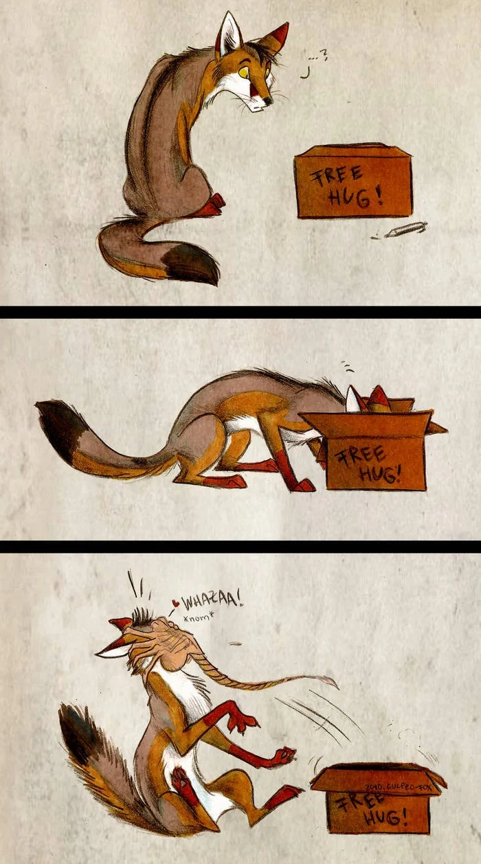 Free hugs - Drawing, Fox, Stranger, Humor, Face grabber, Box