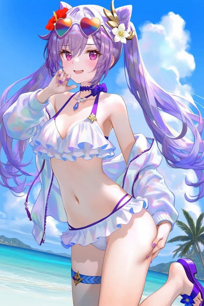 Keqing #007 - Anime, Anime art, Genshin impact, Keqing (Genshin Impact), Girls, Long hair, Bikini, Sea, Palm trees, Glasses, Smile