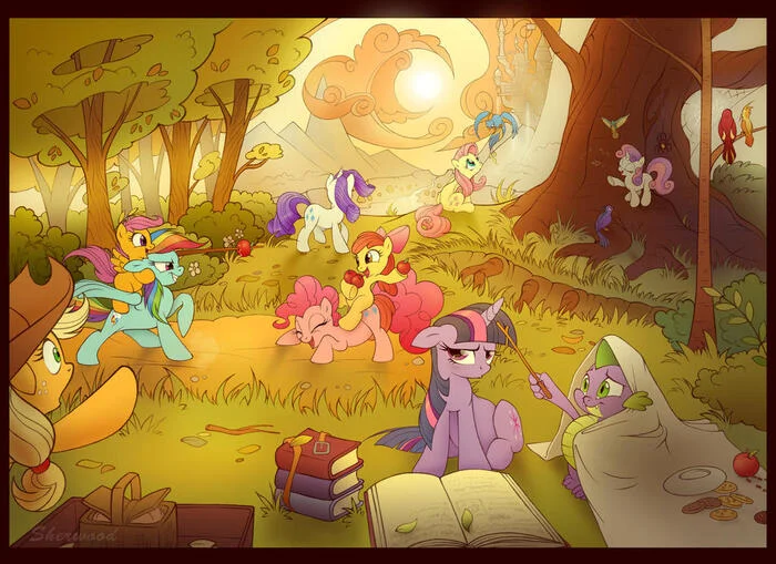 Autumn picnic - My little pony, PonyArt, Twilight sparkle, Rainbow dash, Applejack, Fluttershy, Pinkie pie, Rarity, Spike, Scootaloo, Applebloom, Sweetie belle, Sherwoodwhisper