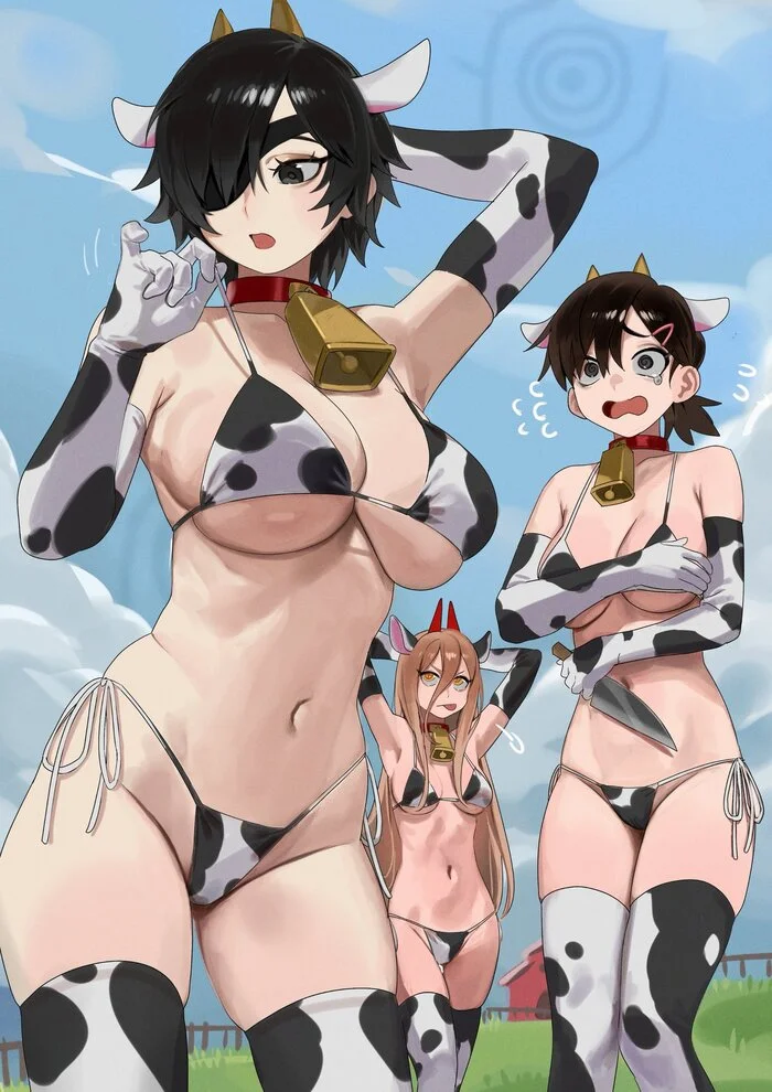 3 cows - Anime, Anime art, Power (Chainsaw Man), Kobeni Higashiyama, Himeno, Chainsaw man, Cowsuit, 18+, NSFW