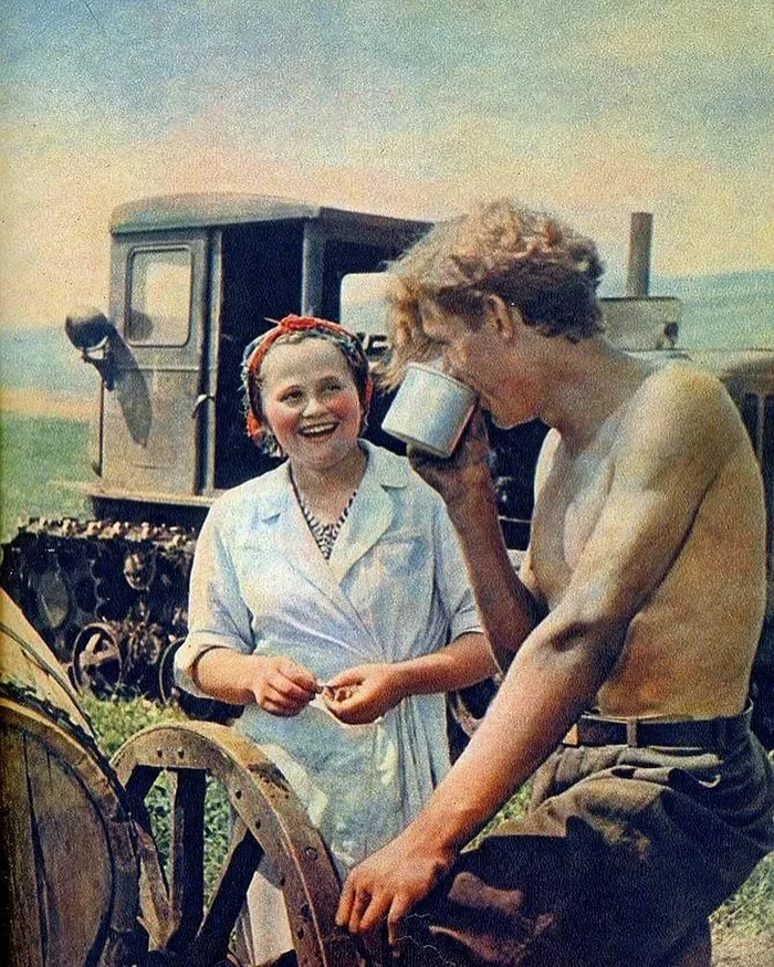 Young virgin land workers - a tractor driver and a cook of the brigade arrived to the virgin lands. Photo: B. Kuzmin, magazine Ogonyok - Cook, Tractor driver, Virgin soil, Childhood in the USSR, Made in USSR, the USSR, Retro, Nostalgia, Love, Childhood memories, Memories, 60th, Telegram (link)