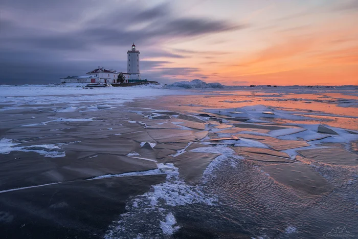 Tolbukhin - My, The photo, Beautiful view, Sunset, Lighthouse, The Gulf of Finland, Ice, Winter, Landscape, Tolbukhin