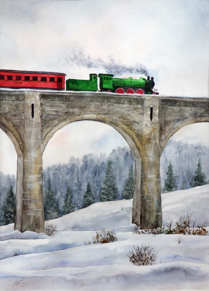 Christmas Express - My, Artist, Painting, Painting, Modern Art, Traditional art, Watercolor, Pastel pencils, Landscape, Painting, A train, Locomotive, Winter, Viaduct, Longpost