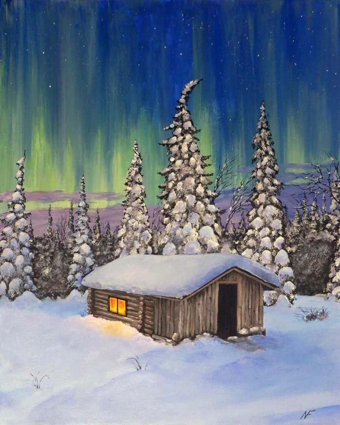 Taiga Tale - My, Artist, Painting, Painting, Modern Art, Traditional art, Canvas, Acrylic, Painting, Landscape, Winter, Taiga, Polar Lights, Author's painting