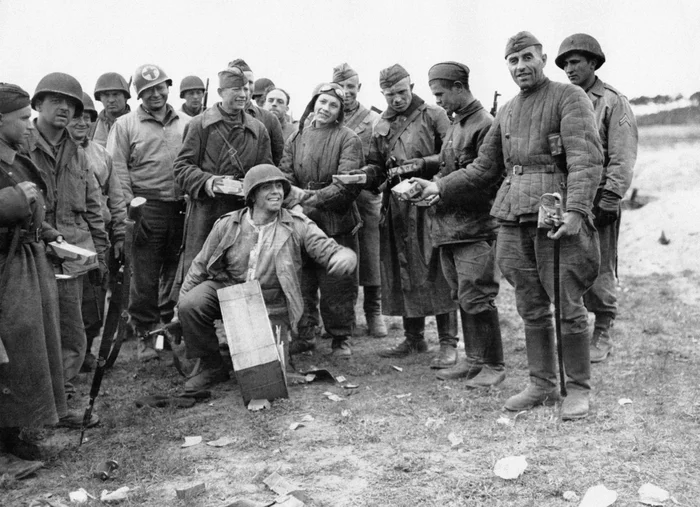 Soviet soldiers check out the rations of an American soldier - The photo, Black and white photo, Old photo, The Second World War, The Great Patriotic War, Germany, Historical photo, Military history, The soldiers