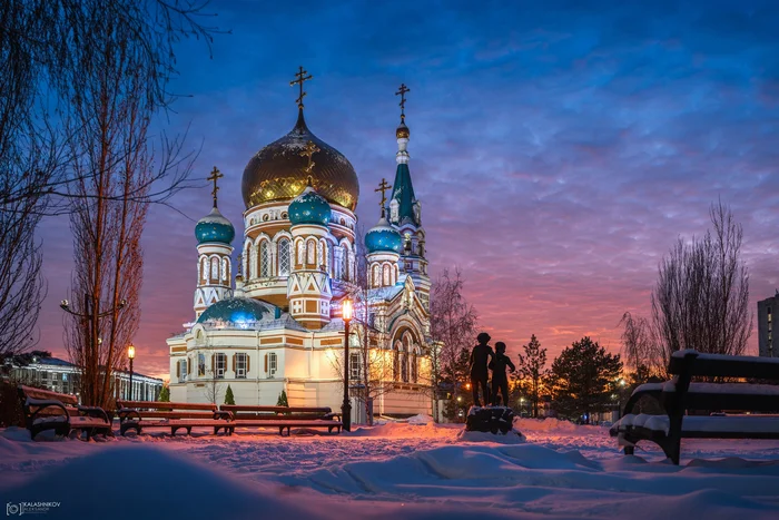 Holy Dormition Cathedral (Omsk) - My, The photo, Town, Tourism, Russia, Omsk, Church, Sunset