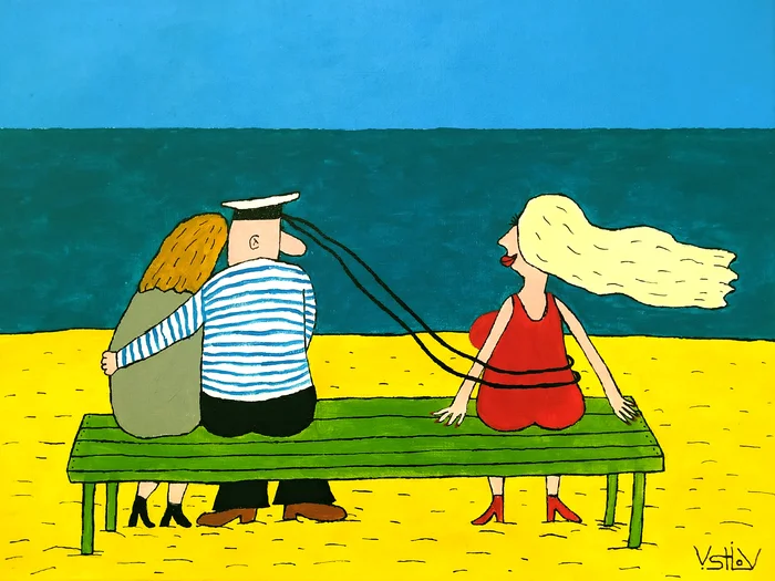 Windy day - My, Acrylic, Canvas, Author's painting, Painting, Sailors, Girls, Wind