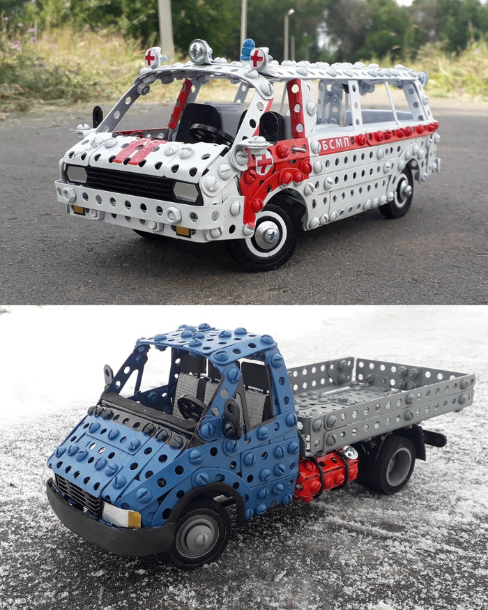 РАФ-2203, ГАЗ-3302 из металлического конструктора, проволоки, резины и картона