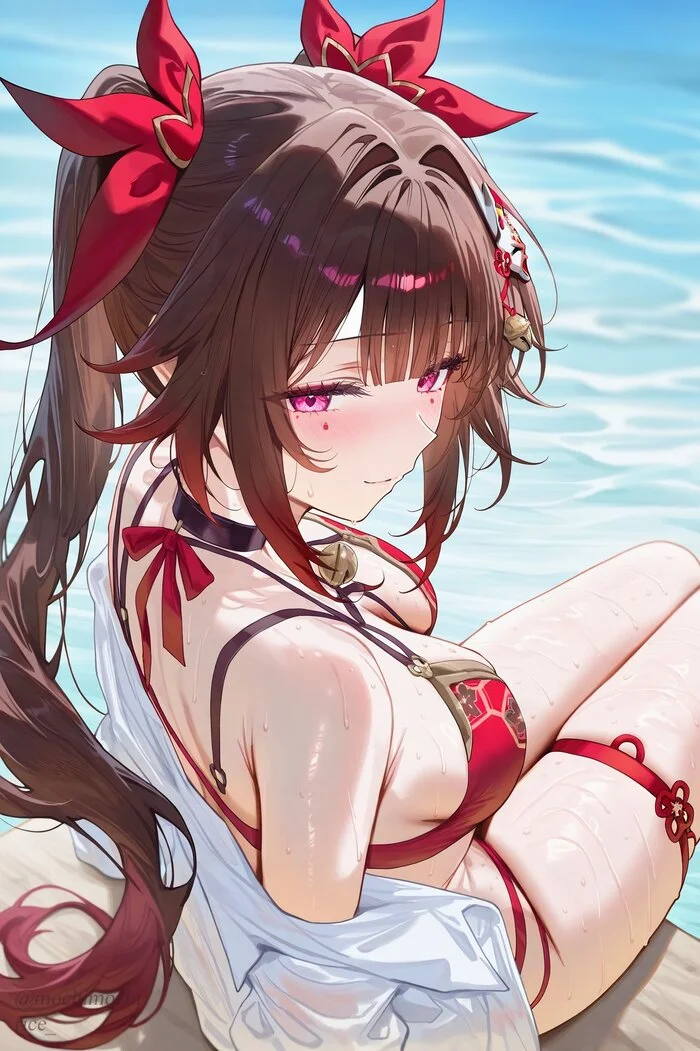 Hanabi at sea - Anime, Anime art, Girls, Games, Honkai: Star Rail, Firefly (Honkai: Star Rail), Swimsuit, Bikini, Sea, Summer, Neural network art