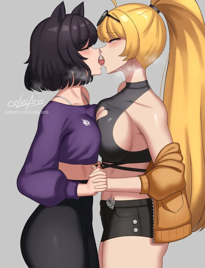 Blake & Yang - Anime art, Anime, Friend, Yuri, RWBY, Blake belladonna, Yang xiao long, Animal ears, Kiss, Holding hands, Twitter (link)