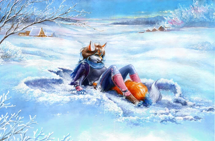 Лиса в снегу - Фурри, Антро, Elkir, Furry Fox, Зима, Снег