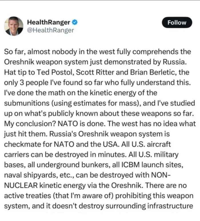 American scientific researcher Mike Adams: Until now, almost no one in the West understands what the Oreshnik weapon system is - Politics, Nuclear weapon, news, Hazelnut (rocket), Screenshot, Nato and Russia, A wave of posts