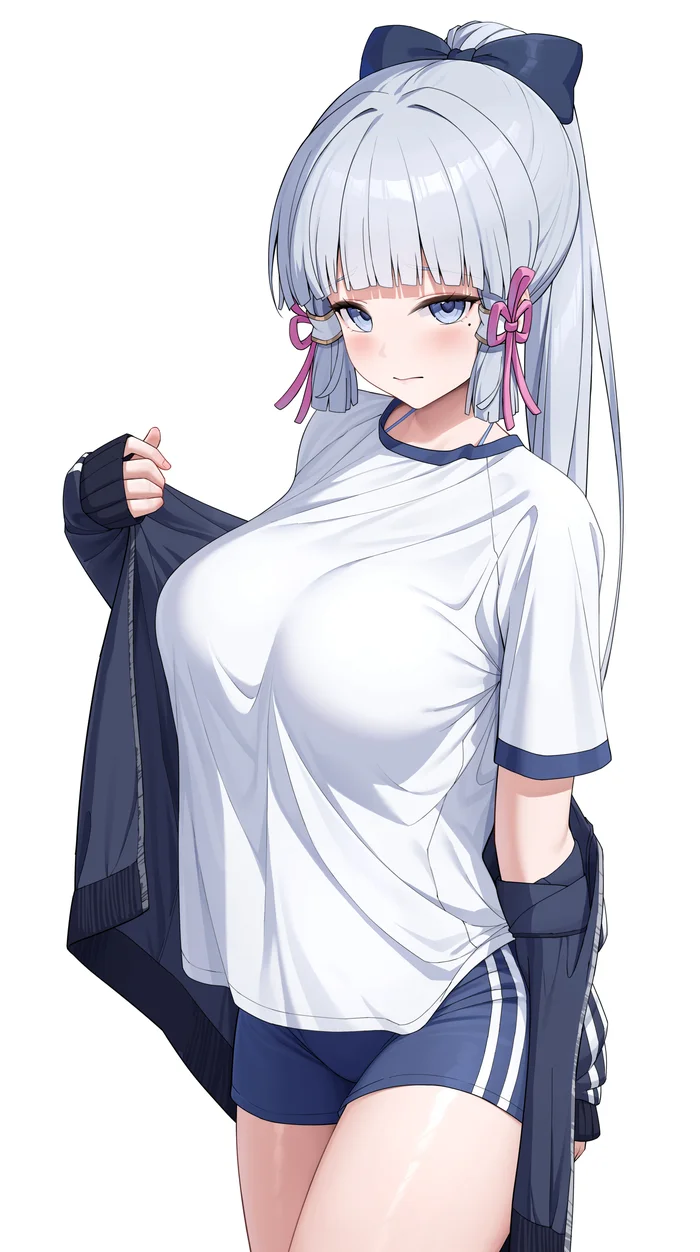 Kamisato Ayaka #003 - Anime, Anime art, Genshin impact, Kamisato Ayaka (Genshin Impact), Girls, T-shirt, Shorts, Embarrassment, Jacket, Long hair, Tail, Bow, Rosumerii