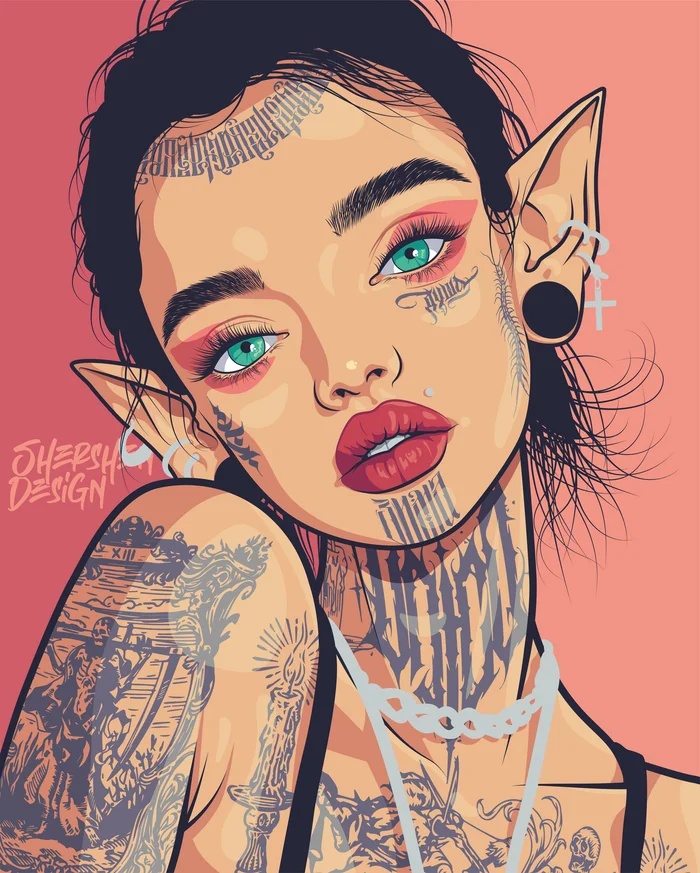 AltElf - My, Art, Portrait, Elves, Tattoo, Girl with tattoo