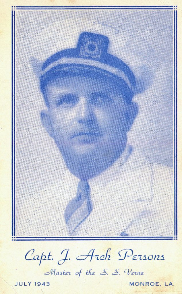 Открытка пароходной компании Верна Стрефуса «Романтический речной флот», на которой Арч Персонс (отец Трумена Капоте) изображен в форме капитана. Ограниченный тираж Арч заказал в 1943 году на память о былой славе