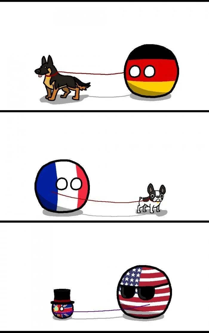 Терьерчик - Countryballs, Комиксы, Политика, США, Франция, Германия, Немецкая овчарка, Французский бульдог, Великобритания, Поводок, Картинки