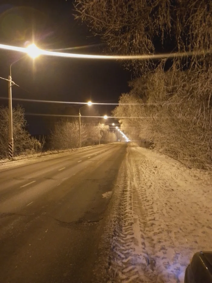 Native village - Village, Road, Winter, Snow, Longpost, Night, Lamp, The photo